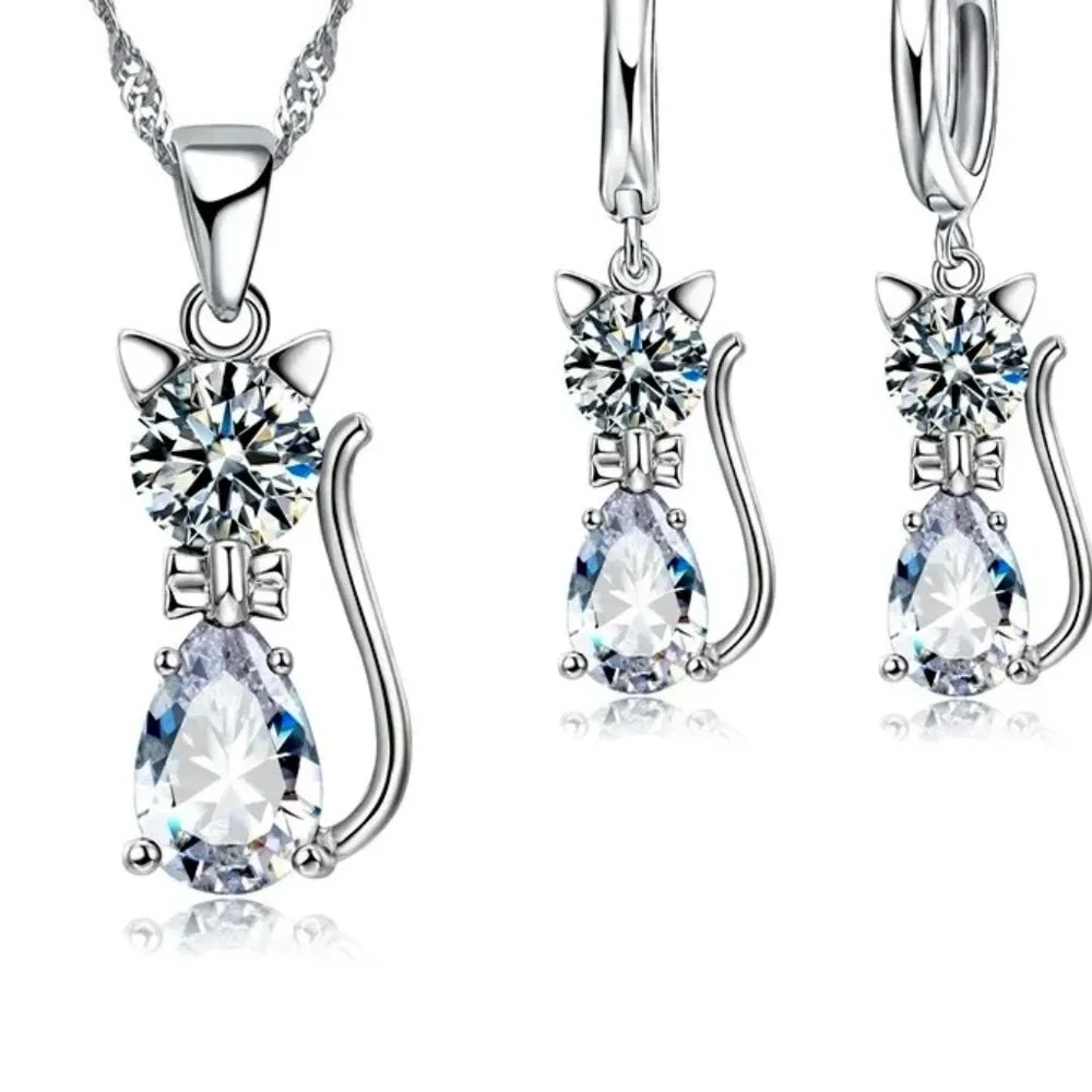 ⭐4pc Bundle Sale⭐ Diamond Kitty Pendant And Earrings, w.18" Chain, 925 Silver - Picture 2 of 3